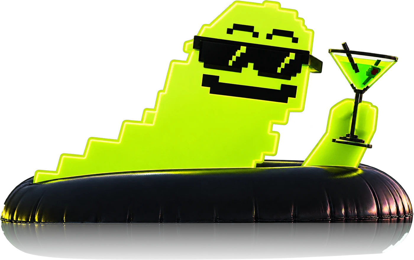 HOODIE in pixel sunglasses, floating on a black swim ring with a martini in hand